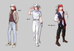 Rule 34 | 3boys, alternate costume, bad id, bad pixiv id, bandana, baseball cap, boots, changye, fate/grand order, fate (series), full body, golf club, hat, male focus, multicolored hair, multiple boys, multiple persona, odysseus (fate), pirate, red hair, standing, streaked hair, sweater, vest, white hair, yellow eyes