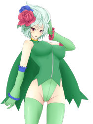 Rule 34 | 1girl, breasts, cape, covered erect nipples, creatures (company), elbow gloves, emukon, eyelashes, flower, frills, game freak, gen 4 pokemon, gloves, green hair, hair flower, hair ornament, highres, large breasts, leotard, lips, nintendo, personification, pokemon, red eyes, rose, roserade, short hair, simple background, solo, thighhighs, white background, white hair