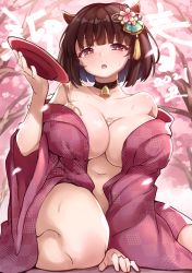 Rule 34 | 1girl, 2021, absurdres, bare shoulders, bell, blush, breasts, bright pupils, cherry blossoms, cleavage, collarbone, copyright request, highres, huge filesize, japanese clothes, kimono, large breasts, navel, neck bell, nene (atsushi hamano), nengajou, new year, open mouth, solo, sweat, translation request