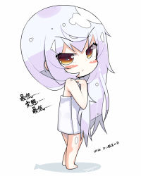 Rule 34 | 1girl, azuma lim, azuma lim channel, bad id, bad pixiv id, bare arms, bare shoulders, blush, brown eyes, chibi, hair between eyes, long hair, looking at viewer, looking to the side, naked towel, signature, silver hair, solo, tanyatonya, towel, translation request, v-shaped eyebrows, very long hair, virtual youtuber, wet, wet hair, white background