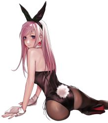 Rule 34 | 1girl, alternate costume, alternate hairstyle, animal ears, applekun, ass, back, bare shoulders, black footwear, black headband, black leotard, blue eyes, brown pantyhose, closed mouth, commentary, detached collar, earrings, fake animal ears, fake tail, fate/grand order, fate (series), fingernails, hair down, headband, high heels, highres, jewelry, leotard, lips, long hair, looking at viewer, miyamoto musashi (fate), pantyhose, pink hair, pink lips, playboy bunny, rabbit ears, rabbit tail, sidelocks, simple background, sitting, smile, solo, strapless, strapless leotard, tail, white background, wrist cuffs