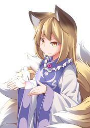 Rule 34 | 1girl, alternate hair length, alternate hairstyle, animal ears, blonde hair, closed mouth, focused, fox ears, fox girl, fox tail, from side, kitsune, kyuubi, long hair, long sleeves, looking at another, multiple tails, no headwear, serious, shikigami, solo, sweat, tabard, tail, tamahana, touhou, upper body, white background, wide sleeves, yakumo ran, yellow eyes