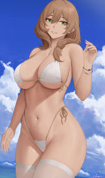 Rule 34 | 1girl, absurdres, bikini, blue sky, breasts, brown hair, cloud, commentary, cowboy shot, day, english commentary, genshin impact, green eyes, hair between eyes, hand up, highleg, highleg bikini, highres, jewelry, large breasts, lisa (genshin impact), long hair, looking at viewer, navel, necklace, parted lips, revision, side-tie bikini bottom, sky, solo, standing, stomach, string bikini, swimsuit, thighhighs, thighs, water, white bikini, white thighhighs, zaphn