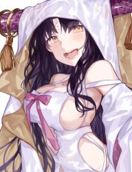Rule 34 | 1girl, bare shoulders, black hair, blush, breasts, caddy cyd, chest tattoo, cleavage, dress, facial mark, fate/extra, fate/extra ccc, fate (series), forehead mark, horn ornament, horn ring, horns, large breasts, long hair, long sleeves, looking at viewer, open mouth, parted bangs, revealing clothes, sessyoin kiara, sideboob, simple background, smile, solo, tattoo, veil, very long hair, wavy hair, white background, white dress, wide sleeves, yellow eyes