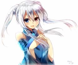 Rule 34 | 1girl, bad id, bad pixiv id, bare shoulders, ciel sacred, dated, detached sleeves, heterochromia, long hair, mishima kurone, original, own hands together, sidelocks, smile, solo, twintails, white hair