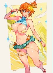 Rule 34 | 1girl, absurdres, adapted costume, alternate breast size, armpits, asymmetrical hair, bare legs, bikini, blush, breasts, cowboy shot, creatures (company), game freak, green eyes, gym leader, hair tie, highres, large breasts, legs, misty (pokemon), navel, nintendo, nipples, orange hair, pokemon, pokemon rgby, ponytail, shirt, short hair, side ponytail, simple background, slingshot swimsuit, smile, solo, spread legs, swimsuit, thick thighs, thighs, tight clothes, wide hips, xdtopsu01, yellow bikini