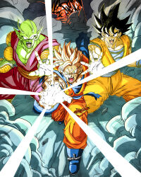 3boys absurdres alternate_universe amputee antennae bald black_hair blonde_hair blue_footwear blue_sash boots collarbone colored_skin commentary_request debris dougi dragon_ball dragonball_z explosion facing_viewer full_body glowing glowing_hand green_eyes green_sky highres horse_stance kamehameha_(dragon_ball) karigurashi_no_kakarotty looking_at_viewer multiple_boys muscular muscular_male open_mouth orange_pants orange_sash orange_shirt pants pectorals piccolo purple_pants purple_shirt rope sash scar scar_across_eye shirt sky smoke son_gohan_(future) son_goku spiked_hair super_saiyan teeth torn_clothes v-shaped_eyebrows wind