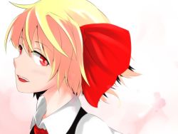 Rule 34 | 1girl, blonde hair, hair ribbon, highres, open mouth, portrait, red eyes, ribbon, rumia, s-ghost, shirt, short hair, touhou, vest, wing collar