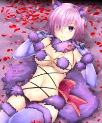 Rule 34 | 1girl, animal ears, blue thighhighs, blush, breasts, elbow gloves, fate/grand order, fate (series), fur trim, gloves, hair over one eye, halloween costume, light purple hair, looking at viewer, lying, mash kyrielight, mash kyrielight (dangerous beast), medium breasts, navel, official alternate costume, on back, petals, purple eyes, rei kun, revealing clothes, short hair, smile, solo, stomach, tail, thighhighs, watermark, web address, wolf ears, wolf tail