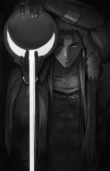 Rule 34 | 1boy, bracelet, capelet, collarbone, cu chulainn (caster) (fate), cu chulainn (fate), cu chulainn (fate/stay night), earrings, fang, fate/grand order, fate (series), fur-trimmed hood, fur trim, gloves, glowing liquid, gravesecrets, greyscale, grin, highres, holding, hood, hood up, hooded capelet, jewelry, liquid, long hair, looking at viewer, male focus, monochrome, pouring, ring, skin tight, smile, solo, type-moon