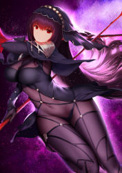 Rule 34 | 1girl, absurdres, an yasuri, armor, bodysuit, breasts, capelet, covered navel, dress, dual wielding, expressionless, fate/grand order, fate (series), floating hair, gae bolg (fate), glowing, hair between eyes, highres, holding, holding polearm, holding spear, holding weapon, large breasts, leg up, light particles, long hair, looking at viewer, open clothes, pauldrons, polearm, purple background, purple bodysuit, purple dress, purple hair, red eyes, revision, scathach (fate), shoulder armor, solo, spear, star (symbol), thighs, veil, very long hair, weapon
