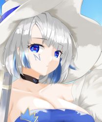 Rule 34 | 1girl, alchemy stars, azure (alchemy stars), bare shoulders, black choker, blue dress, blue eyes, blue hair, breasts, choker, cleavage, collarbone, commentary request, dress, facial mark, highres, kijipe, large breasts, looking at viewer, multicolored hair, off shoulder, short hair, solo, strapless, strapless dress, upper body, white hair, white headwear