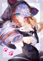 Rule 34 | 1girl, animal ears, black dress, black hood, black nails, blue eyes, brown hair, buttons, cat ears, detached sleeves, dress, fake animal ears, from side, grin, gwen (league of legends), hands up, heterochromia, highres, hood, hood up, league of legends, looking at viewer, nail polish, paw print, pink eyes, smile, solo, soul fighter gwen, striped sleeves, teeth, usagi (3828164), white background, white hair