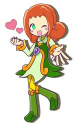 Rule 34 | 1girl, ally (puyopuyo), blush stickers, boots, green eyes, happy, heart, highres, jewelry, official style, one-eyed, one eye closed, open mouth, orange hair, pants, pendant, puyopuyo, puyopuyo chronicle, sega, short hair, smile, solo, wink, yellow pants