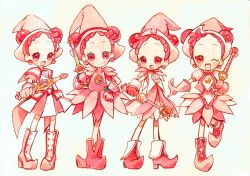 Rule 34 | 4girls, :d, ;d, blush, boots, bracelet, earrings, forehead, harukaze doremi, hat, jewelry, looking at viewer, multiple girls, multiple persona, ojamajo doremi, one eye closed, open mouth, pink footwear, pink hat, skirt, smile, wand