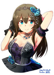 Rule 34 | 10s, 1girl, 2016, arm behind head, arm garter, armpits, artist name, ayano yuu (sonma 1426), bad id, bad pixiv id, bare shoulders, black gloves, blue eyes, blue flower, breasts, brown hair, cleavage, dated, dress, earrings, flower, gem, gloves, hair between eyes, hair flower, hair ornament, hairband, hand in own hair, happy birthday, highres, idolmaster, idolmaster cinderella girls, idolmaster cinderella girls starlight stage, jewelry, long hair, looking at viewer, medium breasts, necklace, sagisawa fumika, simple background, smile, solo, strapless, strapless dress, upper body, white background