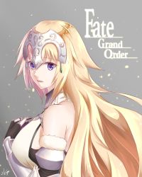 Rule 34 | 1girl, armor, armored dress, bare shoulders, black gloves, blonde hair, breasts, chain, detached sleeves, dress, fate/grand order, fate (series), from side, gauntlets, gloves, grey background, headpiece, highres, jeanne d&#039;arc (fate), jeanne d&#039;arc (ruler) (fate), jeanne d&#039;arc (third ascension) (fate), large breasts, long hair, mitsugu, open mouth, purple eyes, sideboob, very long hair, white dress