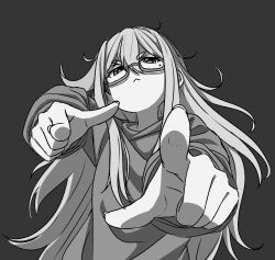 Rule 34 | 1girl, :&lt;, frown, glasses, grey background, grey hoodie, hood, hoodie, kay yu, long hair, looking at viewer, mole, mole under eye, monochrome, original, paguroidea, pointing, pointing at viewer, thick eyebrows, white hair