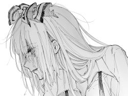 Rule 34 | 1girl, bow, commentary request, crying, fujiwara no mokou, greyscale, hair between eyes, hair bow, highres, long hair, maki keigo, monochrome, parted lips, profile, shirt, simple background, solo, suspenders, tears, torn bow, touhou