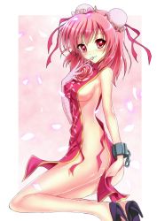 Rule 34 | 1girl, bandages, blush, breasts, bun cover, chain, china dress, chinese clothes, cuffs, double bun, dress, female focus, high heels, highres, ibaraki kasen, kneeling, mist1129, mouth hold, naked tabard, petals, pink eyes, pink hair, revealing clothes, shackles, shoes, short hair, sideboob, smile, solo, tabard, touhou