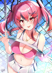 Rule 34 | 1girl, absurdres, azur lane, bare shoulders, bikini, bikini top only, bikini under clothes, bow, breasts, bremerton (azur lane), bremerton (scorching-hot training) (azur lane), chain-link fence, clothes pull, commentary, crop top, eyebrows hidden by hair, fence, from above, grey hair, hair between eyes, hair bow, hair ornament, hairclip, heart, heart-shaped pupils, heart necklace, highres, jewelry, large breasts, long hair, looking at viewer, multicolored hair, necklace, nenobi (nenorium), no mole, pink bikini, pink hair, pulling own clothes, shirt, shirt pull, sleeveless, sleeveless shirt, sportswear, streaked hair, swimsuit, symbol-shaped pupils, tennis uniform, tongue, tongue out, twintails, two-tone hair, two-tone shirt, two-tone skirt, x hair ornament