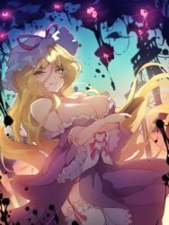 Rule 34 | 1girl, arms under breasts, blonde hair, breasts, chiroru (cheese-roll), cleavage, cropped legs, crossed arms, dress, dutch angle, floating hair, gap (touhou), garter straps, hair between eyes, hand fan, hat, highres, holding, holding fan, large breasts, light, light smile, long hair, looking at viewer, mob cap, off shoulder, purple dress, ribbon, thighhighs, touhou, utility pole, yakumo yukari