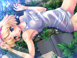 Rule 34 | 1girl, alice margatroid, armpits, blonde hair, blue eyes, blush, book, breasts, female focus, hairband, ichio, large breasts, lying, nipples, one-piece swimsuit, ribbon, school swimsuit, see-through, shiny clothes, short hair, solo, swimsuit, touhou, translated, water, wet, wet clothes, white one-piece swimsuit, white school swimsuit