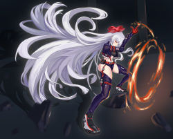 Rule 34 | 1girl, absurdly long hair, absurdres, alternate costume, arm garter, asymmetrical gloves, belt, black footwear, black gloves, black tube top, blue jacket, blunt ends, bow, breasts, buckle, closed mouth, commentary request, eyelashes, finger gun, fire, fujiwara no mokou, garter belt, gloves, hair bow, highres, holding own arm, jacket, lips, long hair, looking at viewer, medium breasts, pouch, pyrokinesis, red belt, red bow, red eyes, red gloves, sidelocks, sideways glance, silver hair, solo, standing, strapless, the king of fighters, thighhighs, thighs, touhou, tube top, user keva2754, utility belt, very long hair