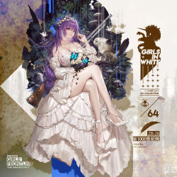 1girl, bare legs, bird, bouquet, braid, breasts, bug, butterfly, cleavage, detached sleeves, dress, eyebrows visible through hair, flower, full body, girls frontline, gun, high heels, highres, huge breasts, insect, jewelry, long hair, necklace, off-shoulder dress, off shoulder, official art, owl, parted lips, purple hair, red eyes, sidelocks, single braid, sitting, solo, thighs, very long hair, weapon, white dress, whoisshe, zb-26 (girls frontline)