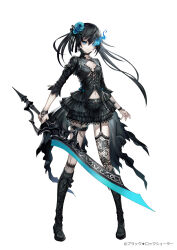 Rule 34 | 1girl, black dress, black footwear, black hair, black rock shooter, black rock shooter (character), blue eyes, blue fire, blue flower, blue rose, boots, breasts, closed mouth, clothing cutout, cross-laced footwear, dress, fire, fishnets, flaming eye, floral print, flower, full body, garter straps, goth fashion, hair flower, hair ornament, highres, holding, holding sword, holding weapon, lace, lace-trimmed dress, lace-up boots, lace trim, long hair, looking at viewer, navel, navel cutout, rose, senano-yu, simple background, small breasts, solo, standing, sword, tachi-e, twintails, weapon, white background