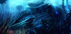 Rule 34 | blue theme, chain, explosive, eytan zana, fish, long image, mine (weapon), naval mine, no humans, scenery, seaweed, shipwreck, underwater, wide image
