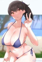 Rule 34 | 1girl, beach, bikini, black hair, blue bikini, blurry, blurry background, breasts, brown eyes, cleavage, commentary request, kaga (kancolle), kantai collection, large breasts, looking at viewer, mani oniniku, side-tie bikini bottom, side ponytail, solo, swimsuit, v