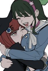 2girls :d ;o absurdres between_breasts black_hat black_jacket blue_shirt blush breasts buttons chabashira_tenko choker danganronpa_(series) danganronpa_v3:_killing_harmony gem_hair_ornament ha_(user_efmy3542) hat head_between_breasts highres hug jacket long_sleeves mole mole_under_mouth multiple_girls one_eye_closed open_mouth pink_choker red_hair sailor_collar shirt simple_background smile upper_body white_background white_sailor_collar witch_hat yumeno_himiko