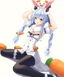 Rule 34 | 1girl, 2gong (9ujin ), :d, absurdres, animal ears, armpits, arms up, black gloves, black pantyhose, blue hair, breasts, carrot hair ornament, coat, detached sleeves, food-themed hair ornament, fur collar, fur trim, gloves, hair ornament, highres, hololive, huge filesize, long hair, looking at viewer, multicolored hair, open mouth, pantyhose, rabbit ears, red eyes, sitting, sleeveless, sleeveless coat, small breasts, smile, solo, thick eyebrows, twintails, two-tone hair, usada pekora, usada pekora (1st costume), virtual youtuber, wariza, white background, white coat