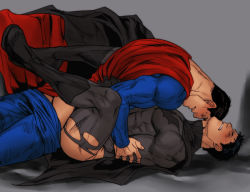 Rule 34 | 2boys, abs, anal, ass, bara, batman, black hair, blush, boots, cape, clenched teeth, closed eyes, clothed sex, clothes pull, dc comics, deep penetration, gradient background, legs up, lying, male focus, male penetrated, missionary, multiple boys, muscular, on back, pants, pants pull, pectorals, sex, spread legs, superman, sweat, teeth, torn clothes, undressing, wince, yaoi