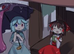 2girls :d blue_capelet blue_eyes blue_skirt blush bow capelet commentary_request cookie_(touhou) cowboy_shot cup detached_sleeves frilled_capelet frilled_hair_tubes frills hair_bow hair_tubes hakurei_reimu half-closed_eyes heterochromia karakasa_obake looking_at_viewer mioto_(cookie) multiple_girls nekocookie114 open_mouth purple_umbrella rain red_bow red_eyes red_shirt red_skirt reu_(cookie) shirt short_hair skirt skirt_set smile tatara_kogasa tongue tongue_out touhou tree umbrella wet wet_clothes white_shirt white_sleeves yunomi