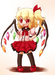 Rule 34 | 1girl, arinu, black thighhighs, blonde hair, fang, flandre scarlet, hair ornament, hands on own hips, red eyes, side ponytail, solo, thighhighs, touhou, wings
