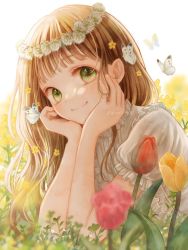 Rule 34 | 1girl, artist name, blush, bug, butterfly, closed mouth, commentary request, flower, ginniroya, grass, green eyes, hands on own cheeks, hands on own face, head wreath, highres, insect, looking at viewer, original, puffy short sleeves, puffy sleeves, shirt, short sleeves, smile, solo, twitter username, watermark, white shirt