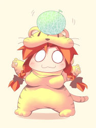 Rule 34 | 1girl, :3, bad id, bad pixiv id, braid, breasts, chibi, female focus, food, fruit, full body, hong meiling, long hair, melon, o o, red hair, solo, tail, tiger, touhou, twin braids, uccow