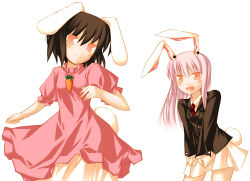Rule 34 | 2girls, animal ears, brown eyes, carrot necklace, cowboy shot, dress, female focus, formal, inaba tewi, jewelry, light purple hair, long sleeves, looking at viewer, multiple girls, necklace, nu (plastic eraser), pink dress, pleated skirt, puffy short sleeves, puffy sleeves, rabbit ears, rabbit girl, rabbit tail, red eyes, reisen udongein inaba, short sleeves, simple background, skirt, suit, tail, touhou, white background, white skirt