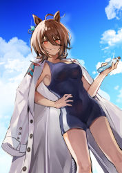 Rule 34 | 1girl, absurdres, agnes tachyon (umamusume), ahoge, animal ears, blush, breasts, brown hair, cloud, cloudy sky, coat, coat on shoulders, commentary request, covered navel, day, earrings, feet out of frame, glint, hair between eyes, hand on headwear, highres, holding, holding test tube, horse ears, jewelry, korean commentary, lab coat, looking at viewer, medium breasts, medium hair, one-piece swimsuit, open mouth, outdoors, school swimsuit, single earring, sky, smile, solo, standing, swimsuit, test tube, umamusume, white coat, yongtae