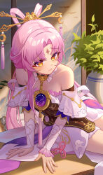 Rule 34 | 1girl, absurdres, bare shoulders, bird, blush, bridal gauntlets, closed mouth, desk, detached sleeves, folding screen, forehead jewel, fu xuan (honkai: star rail), hair ornament, hairpin, highres, honkai: star rail, honkai (series), long hair, low twintails, on desk, pink hair, pink lips, plant, potted plant, scroll, single bridal gauntlet, sitting, on desk, solo, tassel, twintails, very long hair, wujingwushi, yellow eyes