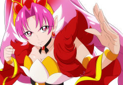 Rule 34 | 1girl, akagi towa, breasts, cleavage, closed mouth, collarbone, cure scarlet, detached sleeves, earrings, fighting stance, fuchi (nightmare), go! princess precure, hair intakes, jewelry, large breasts, long hair, looking at viewer, magical girl, pink hair, precure, quad tails, red eyes, red sleeves, simple background, solo, upper body, white background