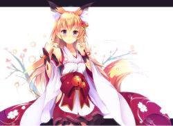 Rule 34 | 1girl, animal ears, bare shoulders, bell, blonde hair, blue eyes, closed mouth, collarbone, detached sleeves, female focus, flower, fox ears, fox tail, hair flower, hair ornament, highres, inari, japanese clothes, kimono, kimono skirt, long hair, looking at viewer, mikususannda, mizuyoukan (mikususannda), original, pleated skirt, purple eyes, skirt, smile, solo, straight hair, string, string of fate, tail, traditional clothes, white background