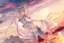 Rule 34 | 1girl, animal, animal ears, armband, bare shoulders, bird, blush, bow, braid, breasts, cat ears, closed mouth, cloud, cloudy sky, dsmile, eyewear on head, flower, frills, gradient sky, hair bow, hair flower, hair ornament, highleg, highleg swimsuit, highres, holding, looking at viewer, medium breasts, mountain, navel, one-piece swimsuit, orange sky, original, outdoors, see-through, shiny skin, short hair, simple background, sky, solo, strapless, strapless one-piece swimsuit, sun, sunglasses, sunset, swimsuit, tail, thighhighs, thighs, twin braids, water, yellow eyes