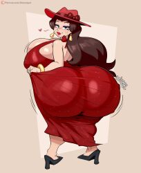 1girl absurdres ass donkey_kong_(series) dress earrings hat high_heels highres huge_ass jewelry jinu_(jinusenpai) lips mario_(series) nintendo pauline_(mario) smile solo standing super_mario_odyssey