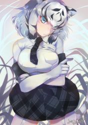 Rule 34 | 10s, 1girl, animal ears, animal print, black hair, blue eyes, breasts, elbow gloves, gloves, highres, kemono friends, large breasts, looking at viewer, multicolored hair, necktie, plaid, plaid necktie, plaid neckwear, plaid skirt, shirt, short hair, skirt, solo, striped tail, tail, thighhighs, tiger ears, tiger tail, white hair, white tiger (kemono friends), white tiger print
