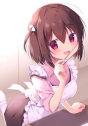Rule 34 | 1girl, :d, apron, black skirt, blush, breasts, brown hair, chopsticks, commentary request, frilled apron, frills, hair between eyes, hand up, holding, holding chopsticks, looking at viewer, medium breasts, miyasaka naco, one side up, open mouth, original, pantyhose, pink sailor collar, pleated skirt, red eyes, sailor collar, shirt, shoes, skirt, smile, solo, standing, standing on one leg, teeth, upper teeth only, white apron, white footwear, white pantyhose, white shirt