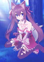 Rule 34 | 1girl, absurdres, animal ears, bare shoulders, blue eyes, blush, breasts, brown hair, caleen keemosn, choker, cleavage, commission, detached sleeves, female focus, forest, fox ears, fox girl, fox tail, garter belt, garter straps, hair ribbon, highres, japanese clothes, large breasts, long hair, looking at viewer, miko, mikoko1, multiple tails, nature, on ground, ribbon, runes, smile, star ocean, star ocean anamnesis, tail, thighhighs, twintails, very long hair