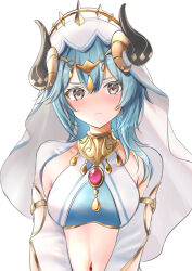 Rule 34 | 1girl, absurdres, blue hair, breasts, brooch, commentary request, cosplay, crop top, eula (genshin impact), genshin impact, grey eyes, highres, horns, jewelry, long hair, long sleeves, looking at viewer, medium breasts, midriff, navel, neck ring, nilou (genshin impact), nilou (genshin impact) (cosplay), raramente, simple background, solo, stomach, upper body, veil, white background